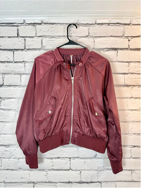 Women's Free Bomber Jacket OVERSIZED Size Small Burgundy Red Boho Jacket Bomber